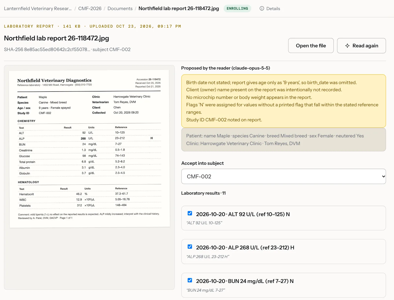 A laboratory report uploaded for one dog in the example study, beside the reader’s proposals: notes on what it left out, including the owner’s name, and each laboratory result with its reference range, flag and the words it was read from.