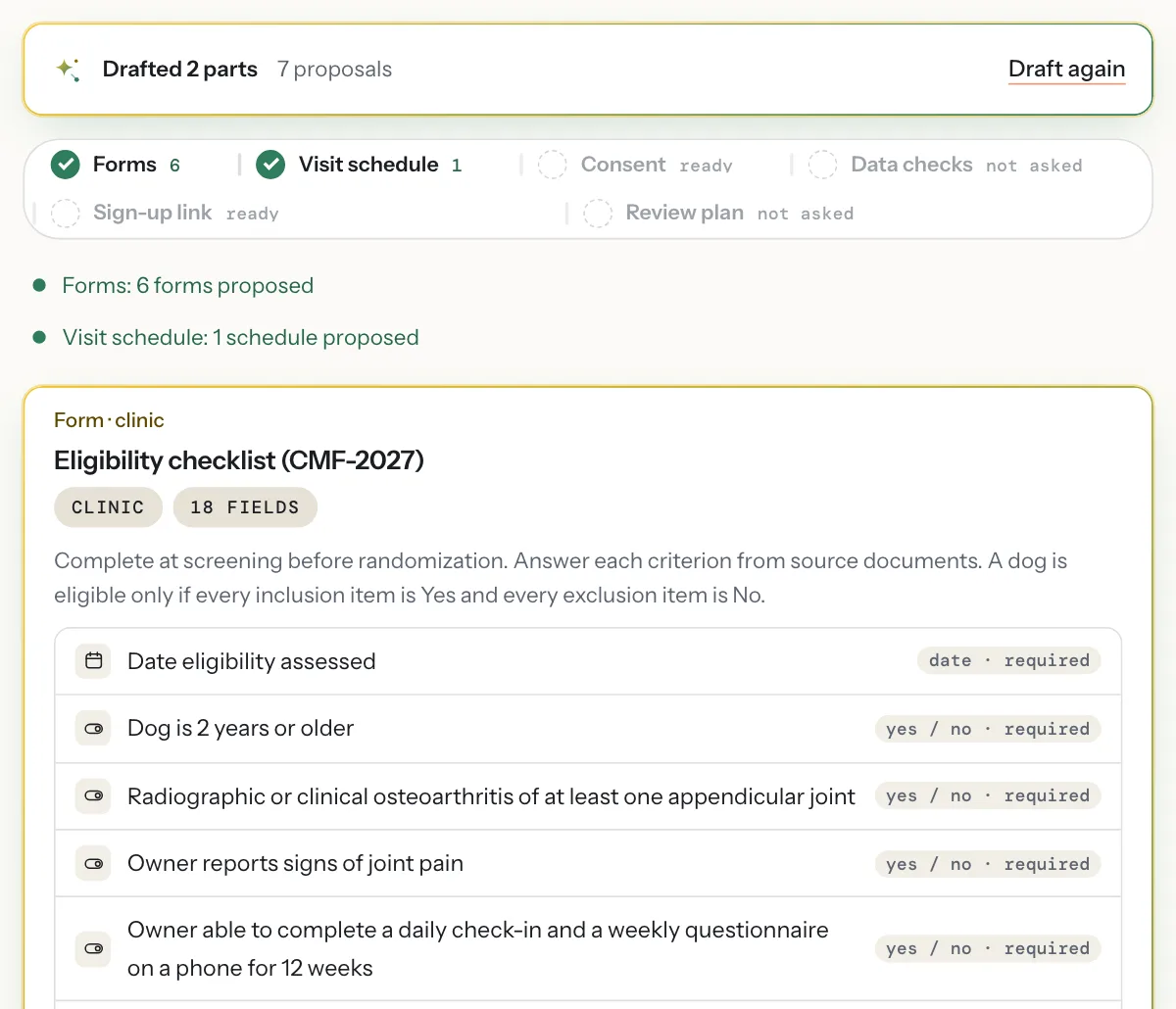 The assistant’s drafts for a new study in the example workspace: forms and a visit schedule proposed from the protocol, with the first proposed form, an eligibility checklist of 18 fields, open for review.