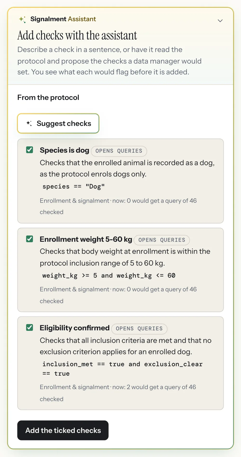The assistant’s suggested data checks for the example study, each with its rule, the form it runs on and how many records it would query now, with a button to add the ticked checks.