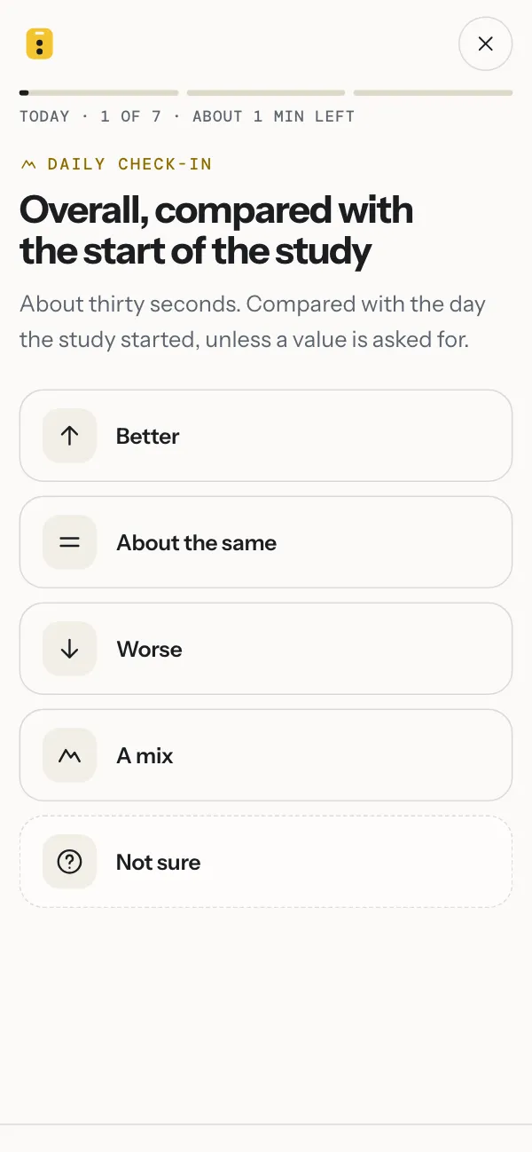 The first question of a daily check-in on an owner’s phone: overall, compared with the start of the study, with five answers from Better to Not sure.