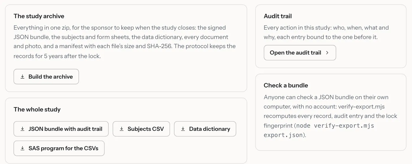 Export and audit for the example study: the study archive, the JSON bundle with audit trail, subjects CSV, data dictionary, SAS program and the offline check.