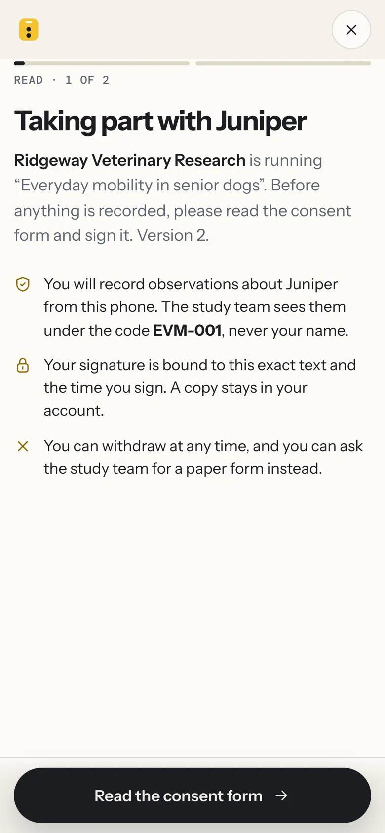 The consent form opening on the phone, in plain sections.