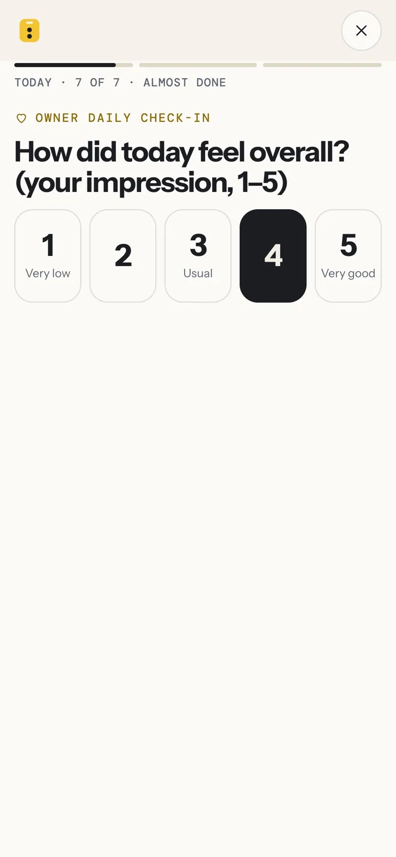 How did today feel overall, on the owner’s own 1 to 5: 4 is selected.