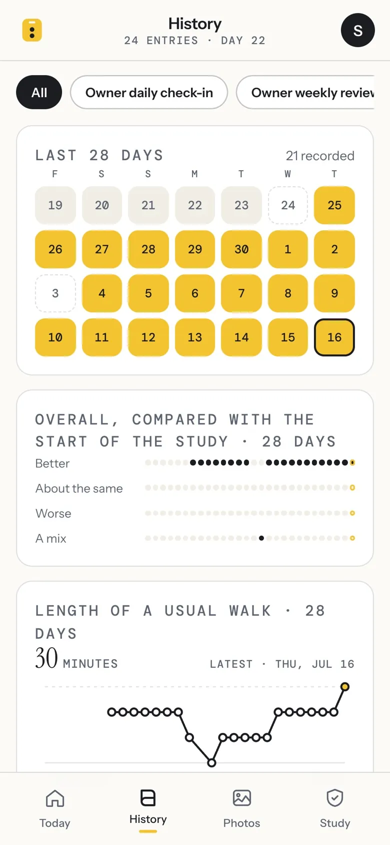 History: a 28-day calendar where July 3 stays empty, and trend rows for each question.