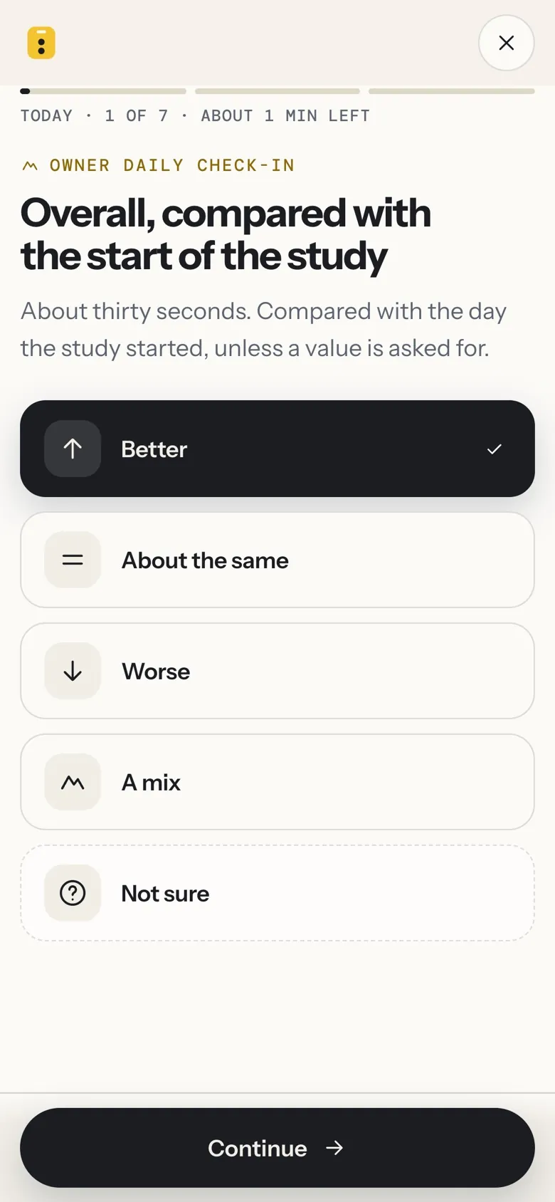 Overall, compared with the start of the study: Better is selected.