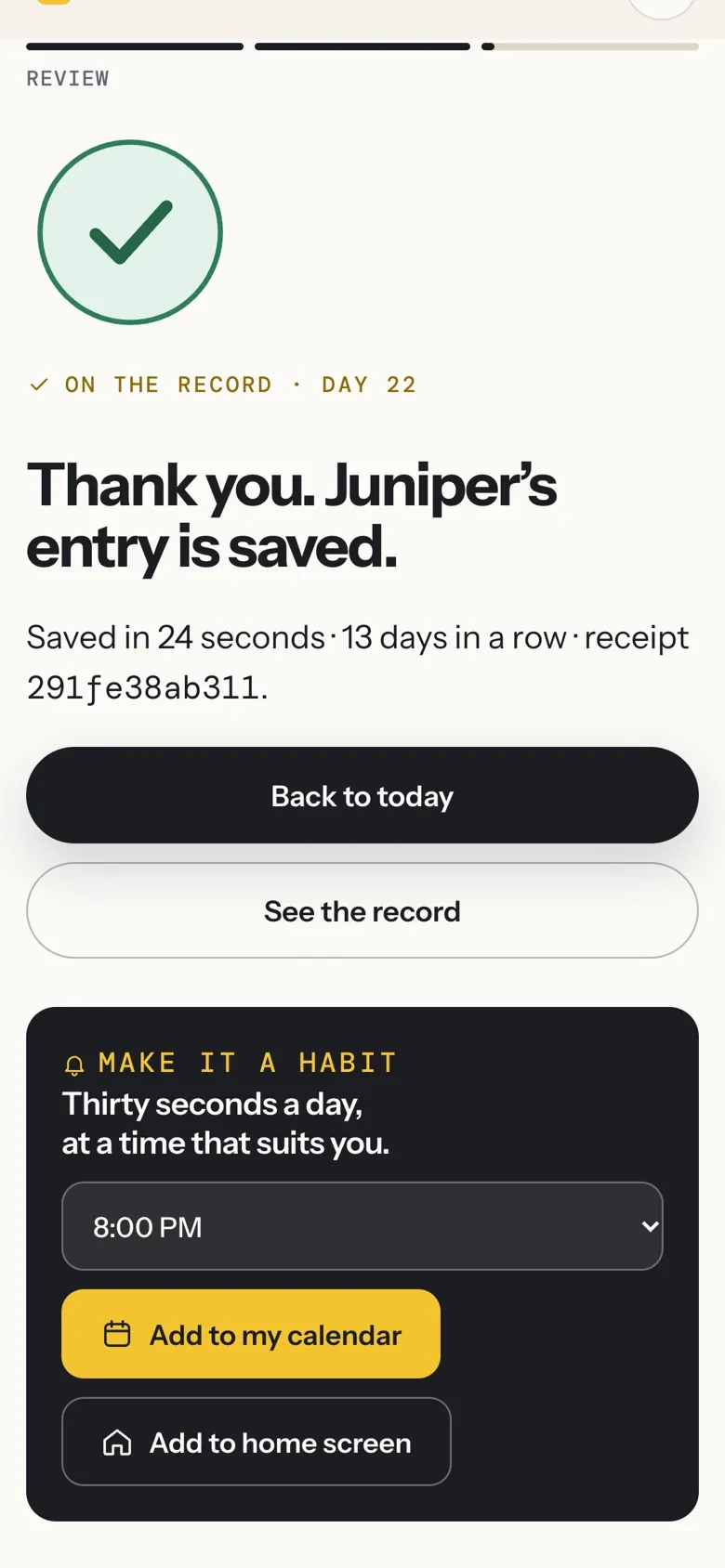 Saved in 24 seconds, 13 days in a row, with a receipt.