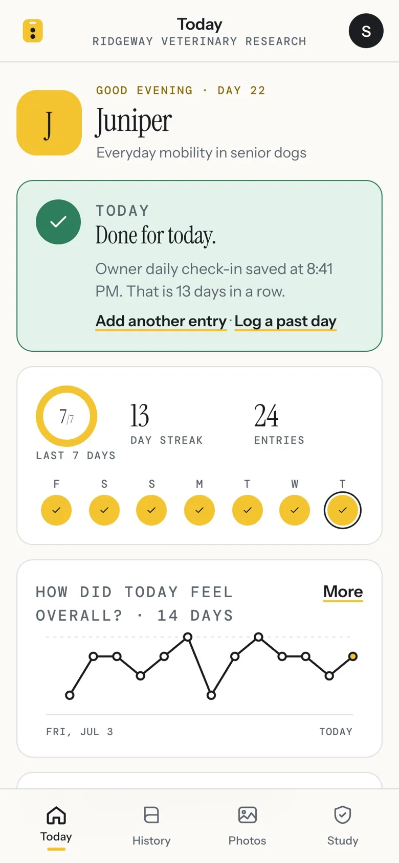 Today, done: a seven-day ring, a 13-day streak, 24 entries and a trend chart.